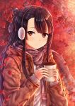  absurdres autumn_leaves bangs black_hair blurry blush brown_coat brown_eyes closed_mouth coat coffee_cup commentary cup depth_of_field disposable_cup duffel_coat earmuffs english_commentary eyebrows_visible_through_hair falling_leaves fringe_trim half_updo highres holding holding_cup itaro koori_chikage leaf lens_flare light_smile long_hair long_sleeves looking_at_viewer maple_leaf nogi_wakaba_wa_yuusha_de_aru open_clothes open_coat orange_(color) outdoors ribbed_sweater scarf sidelocks sleeves_past_wrists solo sweater upper_body very_long_hair winter_clothes yuusha_de_aru 