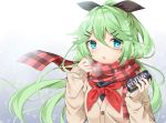  alternate_costume black_ribbon blue_eyes blush breath brown_cardigan buttons can canned_coffee commentary_request eyebrows_visible_through_hair green_hair hair_between_eyes hair_ornament hair_ribbon hairclip half_updo hands_up holding holding_can kantai_collection long_hair long_sleeves looking_at_viewer neckerchief open_mouth plaid plaid_scarf red_neckwear red_scarf ribbon sailor_collar scarf sleeves_past_wrists snowing solo sugisaki_yuu upper_body wind yamakaze_(kantai_collection) 