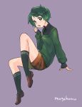  :o absurdres artist_name black_legwear full_body green_eyes green_hair green_sweater highres kantai_collection loafers long_sleeves looking_at_viewer mogami_(kantai_collection) mogamiya_honu purple_background shoes short_hair shorts simple_background socks solo sweater 