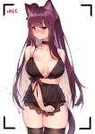  animal_ears babydoll bangs black_babydoll black_legwear black_panties blush breasts choker closed_mouth commentary covering covering_crotch cowboy_shot embarrassed eyebrows_visible_through_hair frown girls_frontline hair_ribbon highres holding_arm hoshi_usagi large_breasts long_hair looking_at_viewer one_side_up panties purple_hair recording red_eyes ribbon ribbon-trimmed_panties shiny shiny_skin simple_background skindentation solo tearing_up thighhighs underwear very_long_hair viewfinder wa2000_(girls_frontline) white_background 