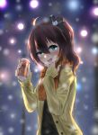  absurdres ahoge asao_(flavor_of_morning) blue_eyes blurry blurry_background blush brown_hair commentary_request energy_drink hair_between_eyes hair_ribbon heavy_breathing highres hololive jacket looking_at_viewer natsuiro_matsuri open_mouth ribbon scarf snowing solo virtual_youtuber 