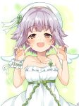  :d bad_id bad_pixiv_id bangs bare_arms bare_shoulders beret blush breasts brown_eyes brown_hair clover collarbone commentary_request dress eyebrows_visible_through_hair four-leaf_clover hands_up hat idolmaster idolmaster_cinderella_girls index_finger_raised jewelry koshimizu_sachiko necklace omuretsu open_mouth small_breasts smile solo strapless strapless_dress white_dress white_hat 