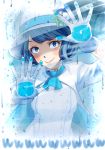  against_fourth_wall against_glass artist_request blue_eyes blue_hair capelet commentary_request gloves hat long_sleeves looking_at_viewer shaded_face smile solo suntory suntory_nomu virtual_youtuber white_hat 