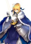  ahoge armor armored_dress artoria_pendragon_(all) blonde_hair blue_cape blue_dress blue_eyes blue_ribbon braided_bun cape dress excalibur eyebrows_visible_through_hair fate/stay_night fate_(series) faulds fur_trim gauntlets hair_between_eyes hair_ribbon highres holding holding_sword holding_weapon jazztaki ribbon saber shiny shiny_hair sidelocks simple_background solo standing sword tied_hair weapon white_background 