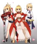  :d aestus_estus ahoge armored_boots artoria_pendragon_(all) belt black_footwear black_legwear blonde_hair blue_ribbon blue_skirt boots braid breasts clarent cleavage cleavage_cutout commentary commission cowfee cropped_jacket crown_braid cutoffs dress english_commentary epaulettes excalibur eyebrows_visible_through_hair fate/apocrypha fate/extra fate/stay_night fate_(series) full_body gradient gradient_background greaves green_eyes groin hair_intakes hair_ribbon hand_on_hip high-waist_skirt highres jacket juliet_sleeves knee_boots large_breasts leaning_forward legs_apart long_dress long_hair long_sleeves looking_at_viewer micro_shorts midriff mordred_(fate) mordred_(fate)_(all) multiple_girls nero_claudius_(fate) nero_claudius_(fate)_(all) open_clothes open_dress open_mouth pantyhose petals ponytail puffy_sleeves red_dress red_jacket red_ribbon ribbon saber shirt short_hair shorts showgirl_skirt simple_background skirt smile standing sword v-shaped_eyebrows weapon white_shirt wide_sleeves 