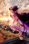  awa_(rosemarygarden) bird bracelet circe_(fate/grand_order) cloud cross-laced_sandals dove fate/grand_order fate_(series) hairband head_on_hand helmet highres jewelry long_hair pink_hair platform_footwear pointy_ears rooftop sandals sky skyline smile squatting sunset tree very_long_hair winged_hairband wings 