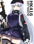  absurdres assault_rifle bangs belt beret black_legwear blunt_bangs breasts character_name combat_knife commentary eyebrows_visible_through_hair facial_mark girls_frontline gloves green_eyes gun hair_ornament hat heckler_&amp;_koch highres hk416 hk416_(girls_frontline) holding holding_gun holding_weapon holstered_weapon kamatama knife long_hair looking_at_viewer magazine_(weapon) medium_breasts plaid plaid_skirt revision rifle sidelocks silver_hair skirt solo teardrop thighhighs trigger_discipline very_long_hair weapon 