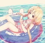  afloat ahoge bikini blonde_hair brown_eyes commentary_request food frilled_bikini frills futaba_anzu greatpengh idolmaster idolmaster_cinderella_girls long_hair low_twintails partially_submerged pink_bikini popsicle solo swimsuit twintails water 
