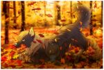  2018 ambiguous_gender ass_up autumn blue_eyes blue_nose blurred_background border canine claws day detailed_background digital_media_(artwork) digitigrade dog falling_leaves feral forest fur inkrend leaf leaves lens_flare long_fur mammal object_in_mouth outside paws play_bow_pose playful raised_tail side_view snout solo striped_fur stripes tree white_border 