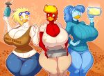  2018 5_fingers abstract_background anthro avian beak big_breasts bird blonde_hair blue_hair breasts cleavage clothed clothing duck eyewear female goggles group hair hairband hi_res holding_object huge_breasts jaeh jeans midriff orange_hair pants ponytail shirt short_hair sweater t-shirt tank_top thick_thighs wide_hips 