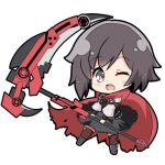  1girl alternate_costume black_hair cape chibi crescent_rose frilled_skirt frills highlights multicolored_hair red_hair ruby_rose rwby rwby_chibi scythe skirt solo wink 