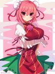  bandaged_arm bandages blush breasts chinese_clothes closed_mouth double_bun eyebrows_visible_through_hair flower green_skirt highres ibaraki_kasen large_breasts looking_at_viewer marota pink_background pink_hair puffy_short_sleeves puffy_sleeves red_eyes red_ribbon ribbon rose short_hair short_sleeves skirt solo touhou twitter_username 