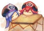  beret blue_hair closed_eyes flamberge_(kirby) flower francisca_(kirby) hat insignia kirby:_star_allies kirby_(series) kotatsu long_hair multiple_girls red_hair resting shiburingaru short_hair sketch smile table 