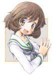  :d akiyama_yukari brown_eyes brown_hair commentary_request coupy_pencil_(medium) eyebrows_behind_hair girls_und_panzer gofu long_sleeves ooarai_school_uniform open_mouth school_uniform short_hair smile solo traditional_media upper_body 