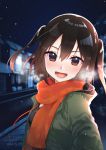  black_hair breath brown_eyes commentary_request green_jacket house jacket kantai_collection koruri looking_at_viewer open_mouth orange_scarf road scarf sendai_(kantai_collection) solo two_side_up upper_body 