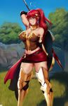  1girl armor cowboy eyes female green hair jlullaby polearm pyrrha_nikos red rwby shot spear tiara weapon western 