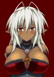  antenna_hair bare_shoulders blush breasts cleavage commentary commentary_request dark_elf dark_skin elf highres large_breasts long_hair looking_at_viewer nishiumi_yuuta nitroplus orange_eyes pointy_ears red_background sansei_muramasa shiny shiny_skin simple_background soukou_akki_muramasa white_hair 