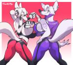  2018 anthro arctic_fox big_breasts blue_eyes blue_hair breast_squish breasts bulge butt canine clothing crackiepipe cybernetics dickgirl duo ear_piercing edlyn_zephyr emilia_zephyr female fox furgonomics garter_belt_leggings gradient_background hair half-closed_eyes hi_res huge_breasts intersex long_hair looking_at_viewer looking_back machine mammal multicolored_hair piercing prosthetic_arm rear_view red_eyes shirt simple_background skinsuit smile tank_top tight_clothing two_tone_hair white_hair yoga_pants 