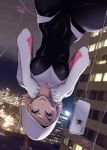  1girl blonde_hair blue_eyes bodysuit building cellphone city gwen_stacy heroine hood hoodie marvel mike_nesbitt outdoors phone silk skin_tight sky skyscraper smile solo spider-gwen spider-man_(series) spider_web upside-down 