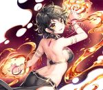  :d arched_back armlet black_skirt bracelet breasts butt_crack choker commentary_request earrings fire floating_hair grey_hair index_finger_raised isekai_cheat_magician jewelry looking_at_viewer medium_breasts nardack official_art open_mouth short_hair sideboob skirt smile solo yellow_eyes 
