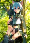  animal_ears arm_strap belt black_gloves black_ribbon black_shorts blue_eyes blue_hair breastplate cat_ears eyebrows_visible_through_hair gloves hair_between_eyes hair_ribbon hand_on_own_knee highres in_tree meriko_(rikako0920) midriff navel ribbon short_hair_with_long_locks short_shorts shorts sidelocks single_sleeve sinon sinon_(sao-alo) sitting sitting_in_tree solo stomach sword_art_online thigh_strap tree 