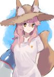 animal_ears brown_hat fate/grand_order fate_(series) fox_ears fox_tail hair_between_eyes hat highres innertube kaerude123 long_hair looking_at_viewer orange_eyes pink_hair shirt short_sleeves sketch smile solo straw_hat sun_hat tail tamamo_(fate)_(all) tamamo_no_mae_(swimsuit_lancer)_(fate) upper_body white_shirt 