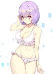  arm_at_side arm_up bikini bob_cut breasts cleavage collarbone commentary_request cowboy_shot eyebrows_visible_through_hair frilled_bikini frills hair_tucking highres ikomochi large_breasts looking_at_viewer navel purple_hair red_eyes shinjou_akane short_hair short_shorts shorts simple_background solo ssss.gridman swimsuit white_bikini 