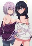  2girls ass asymmetrical_docking bare_shoulders black_hair black_legwear blue_eyes blush breast_press breasts closed_mouth commentary_request eyebrows_visible_through_hair gradient gradient_background grey_background isse lavender_hair long_sleeves looking_at_another medium_breasts multiple_girls pantyhose red_eyes shinjou_akane short_hair smile ssss.gridman takarada_rikka white_cardigan 