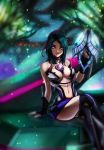  2016 bare_shoulders bioluminescence blurry blurry_background boots breasts breasts_apart center_opening choker commentary cross_(xenoblade_x) crossed_legs gradient_hair green_hair highres holding holding_weapon lilithcosa looking_at_viewer medium_breasts multicolored_hair navel noctilum pink_eyes pink_hair science_fiction solo thigh_boots thighhighs thighs weapon xenoblade_(series) xenoblade_chronicles_x 