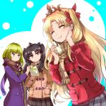  2girls ^_^ bangs baozi black_hair black_scarf black_skirt blonde_hair blush brown_coat brown_scarf closed_eyes closed_mouth coat commentary_request duffel_coat eating enkidu_(fate/strange_fake) ereshkigal_(fate/grand_order) eyebrows_visible_through_hair fate/grand_order fate_(series) food foodgasm glaring green_hair grimjin hair_ribbon hand_in_pocket hand_on_own_cheek holding holding_food ishtar_(fate/grand_order) long_hair long_sleeves looking_at_another multiple_girls plaid plaid_scarf plaid_skirt pleated_skirt purple_coat red_coat red_eyes red_ribbon ribbon scarf skirt tiara two-tone_background two_side_up winter_clothes 