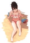  absurdres ball bangs barefoot beachball bikini brown_eyes brown_hair frilled_bikini frills gintama halter_top halterneck highres kobaji looking_to_the_side navel panties ponytail ramune red_panties shimura_tae sidelocks sitting smile solo swimsuit underwear 