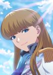  bangs blonde_hair blue_eyes blue_sky closed_mouth cloud commentary_request day epaulettes eyebrows_visible_through_hair fateline_alpha gundam gundam_wing highres light_rays long_hair looking_at_viewer military military_uniform pink_lips relena_peacecraft sky smile solo uniform upper_body 