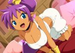  :d all_fours arched_back arm_support bare_arms bare_legs bare_shoulders barefoot bloomers blue_eyes bracer breasts camisole cleavage collarbone commentary_request dark_skin dutch_angle frills indoors katori_(mocchidou) large_breasts long_hair looking_at_viewer midriff on_bed open_mouth pillow pointy_ears ponytail purple_hair shantae_(character) shantae_(series) sidelocks smile solo strap_slip underwear underwear_only very_long_hair white_bloomers 