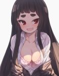  :d @_@ al_bhed_eyes blush bow bow_bra bra breasts brown_cardigan brown_hair cardigan cleavage collarbone collared_shirt commentary_request dress_shirt grey_background kuranami_shiki long_hair looking_at_viewer medium_breasts natsuki_teru off_shoulder open_cardigan open_clothes open_mouth open_shirt original pink_bra red_eyes shirt short_eyebrows simple_background smile solo thick_eyebrows underwear upper_body very_long_hair white_shirt 