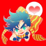  aqua_eyes battle_tendency blue_hair bow chibi fingerless_gloves gloves heart highres jojo_no_kimyou_na_bouken joseph_joestar_(young) male_focus orange_scarf red_background s_gentian scarf scarf_bow solo spiked_hair spoken_heart striped striped_scarf yellow_scarf 