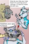  ! 2018 4_fingers anthro black_nose blue_eyes blue_fur blue_hair dialogue digital_drawing_(artwork) digital_media_(artwork) duo ear_tag english_text feline fur hair hi_res male mammal mask multicolored_fur multicolored_hair ocelot open_mouth paws petplay piercing puppyplay purple_eyes roleplay sequence sheogarth short_hair simple_background snickersthecat solo_focus text white_fur white_hair 