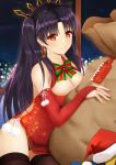  1girl bangs bare_shoulders black_hair black_legwear black_panties black_ribbon blurry bokeh bow bowtie breasts bridal_gauntlets china_dress chinese_clothes christmas cleavage closed_mouth commentary_request cowboy_shot depth_of_field dress earrings fate/grand_order fate_(series) flower fur_trim glint gloves green_neckwear hair_ornament hair_ribbon hat highres hoop_earrings indoors ishtar_(fate/grand_order) jewelry long_hair looking_at_viewer medium_breasts merry_christmas multicolored multicolored_nails nail_polish night night_sky panties parted_bangs pelvic_curtain pom_pom_(clothes) red_dress red_eyes red_flower red_gloves red_hat red_nails ribbon rko_(a470350510) sack santa_hat shooting_star side_slit sky sleeveless sleeveless_dress smile solo star_(sky) starry_sky tareme thighhighs thighs two_side_up underwear window yellow_nails 