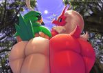  2018 anthro avian beak big_butt blaziken blue_eyes butt cloud decidueye detailed_background duo feathers female hair half-closed_eyes hi_res legs_together long_hair looking_at_viewer looking_back low-angle_view mammal multicolored_feathers nintendo nude open_mouth open_smile outside pok&eacute;mon pok&eacute;mon_(species) presenting red_beak red_eyes red_feathers slightly_chubby smile standing sun thick_thighs thousandfoldfeathers tree video_games voluptuous white_feathers white_hair wide_hips yellow_sclera 