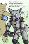  2018 anthro balls bdsm blue_collar bodysuit bondage bound canine chastity chastity_cage clothing collar dialogue digital_drawing_(artwork) digital_media_(artwork) duo ear_tag english_text feline fur gag gagged hi_res male mammal mask mittens muzzle_(object) muzzled name_tag nozzle ocelot open_mouth petplay puppyplay ring_gag roleplay rubber sheogarth shiny simple_background skinsuit snickersthecat solo_focus spiral story story_in_description sweat text tight_clothing visor 