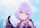  bow hanakazesun pink_eyes purple_hair seifuku shinjou_akane short_hair signed ssss.gridman 