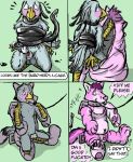  2018 4_toes anthro avian balls beak bird blush chastity chastity_cage collar comic costume dialogue digital_drawing_(artwork) digital_media_(artwork) duo encasement english_text gag gagged green_background hair hi_res hindpaw leash lock male pawpads paws penis petplay plushsuit puppyplay purple_hair purple_pawpads roleplay secretary_bird sequence simple_background snickersthecat solo_focus tentacles text toes xeroburd 