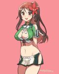  :d amagi_(kantai_collection) arms_behind_back artist_name breasts brown_eyes brown_hair cleavage cowboy_shot flower hair_flower hair_ornament hakama_skirt kantai_collection large_breasts long_hair looking_at_viewer microskirt mogamiya_honu mole mole_under_eye navel open_mouth red_background shide simple_background skirt smile solo stomach 
