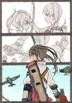  aircraft airplane arrow bow_(weapon) comic commentary_request fairy_(kantai_collection) flight_deck hand_on_another's_head japanese_clothes kaga_(kantai_collection) kantai_collection long_hair multiple_girls muneate quiver ree_(re-19) side_ponytail weapon younger zuikaku_(kantai_collection) 