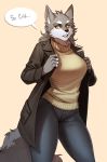  black_nose breasts canine clothed clothing english_text female fluffy fluffy_tail fully_clothed fur grey_fur hi_res jacket mammal pgm300 simple_background solo speech_bubble text white_fur wolf yellow_eyes 