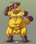  2018 anthro balls belly big_balls canine cum flaccid hat humanoid_hands japanese_text male mammal moobs navel nipples penis sakusan_kc simple_background slightly_chubby solo tanuki text 