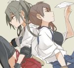  back-to-back brown_eyes brown_hair commentary_request green_eyes grey_hair japanese_clothes kaga_(kantai_collection) kantai_collection looking_down looking_up multiple_girls muneate paper_airplane ree_(re-19) short_hair side_ponytail sitting twintails zuikaku_(kantai_collection) 