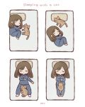  :&lt; ayu_(mog) barefoot black_border blue_shirt blush border brown_hair cat cat_focus closed_eyes collared_shirt commentary_request english from_above futon long_sleeves medium_hair original pajamas pillow polka_dot shirt signature simple_background truth white_neckwear 