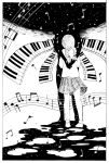  1girl braid calligraphy_brush_(medium) commentary_request fukaetakahiro greyscale highres long_hair madotsuki monochrome musical_note nib_pen_(medium) piano_keys shirt skirt space sweater traditional_media twin_braids twintails yume_nikki 