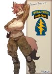  anthro beauty_mark big_breasts black_fur black_nose breasts brown_fur camo canine clothed clothing emblem english_text female fluffy fluffy_tail fully_clothed fur hair hand_on_head hand_on_hip hi_res knee_pads mammal military pgm300 red_hair simple_background solo standing text vlothed yellow_eyes 