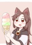  animal_ear_fluff bangs black_scarf blouse brown_hair commentary_request drooling eyebrows_visible_through_hair food gem grey_background holding ice_cream ice_cream_cone imaizumi_kagerou long_hair open_mouth poronegi scarf short_sleeves simple_background solo touhou upper_body white_blouse wide-eyed younger 